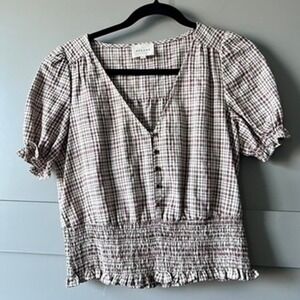 Sezane Felix Gingham Puff Sleeve Blouse Womens 38 Brown Plaid Smocked Peplum Top